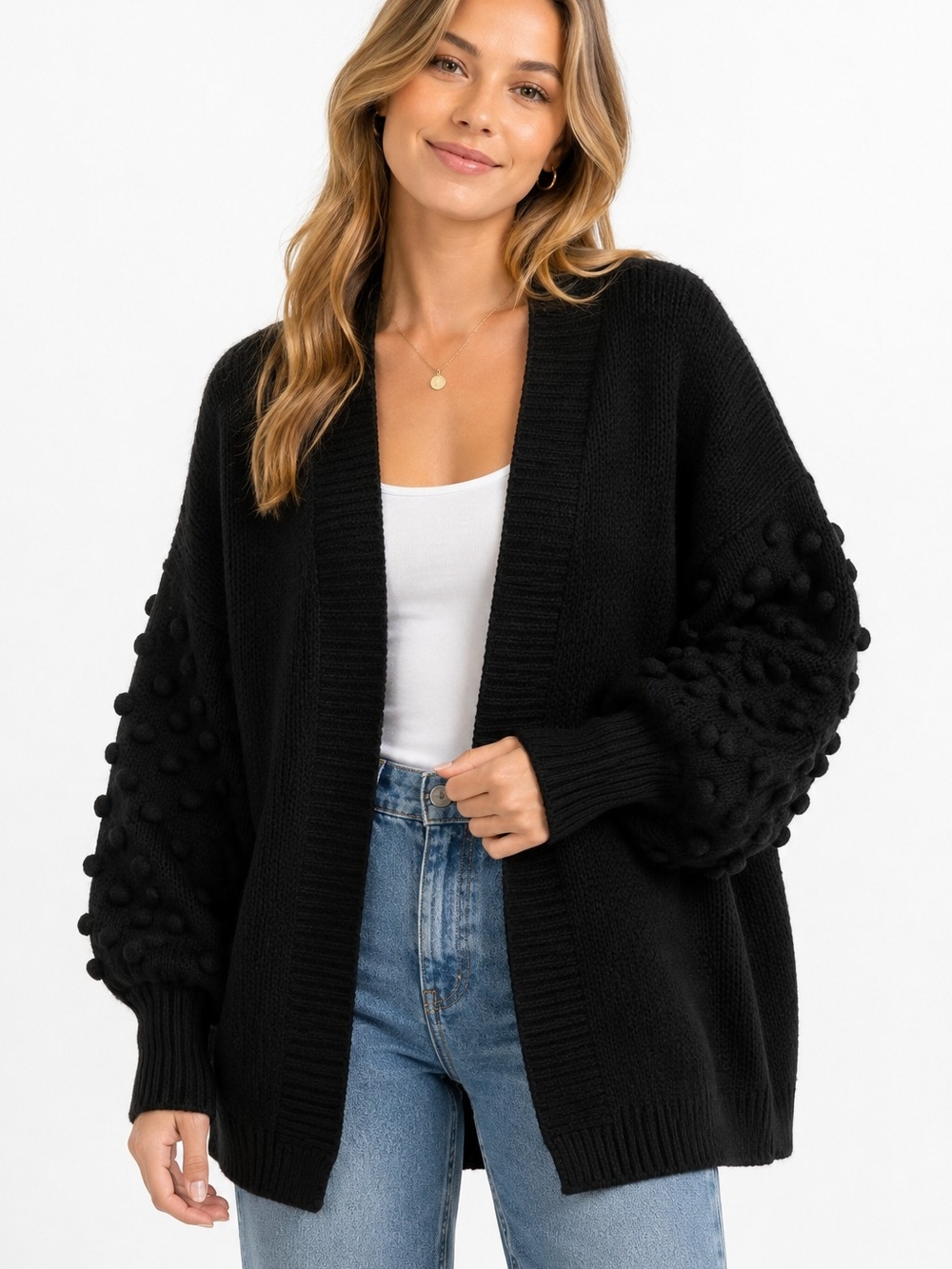 Umgee Black Bobble Sleeve Cardigan Chunky Knit Oversized Open Front Sweater S